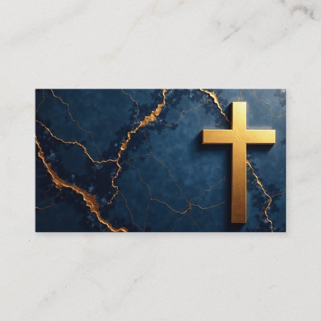 Sleek Blue Marble with Golden Cross Business Card (Front)
