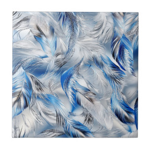 Sleek Blue Silver Feather Pattern Modern Art Tile