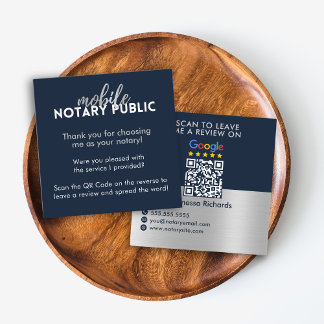 Sleek Blue Silver Google Review QR Code Notary Square Business Card