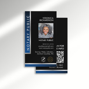 Sleek Blue Silver Notary Logo Photo QR Code Black Business Card