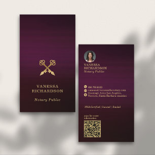 Sleek Burgundy Gold Crossed Pen QR Code Notary Business Card