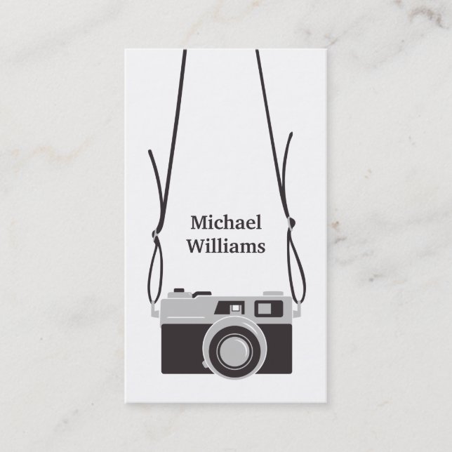 Sleek Camera and Sling Photographer Vertical Business Card (Front)