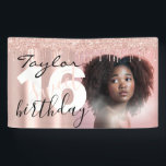 Sleek Chic 16th Birthday Photo Script Rose Gold Banner<br><div class="desc">Sleek Chic 16th Birthday Photo Script Rose Gold pink girly elegant Banner</div>
