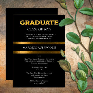 Sleek College Univ Black Gold Graduation Party Invitation
