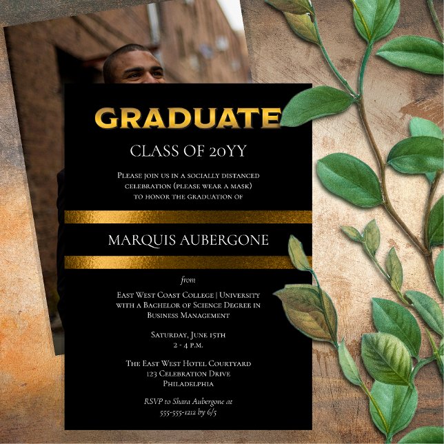 Sleek College | Univ Black | Gold Graduation Party Invitation (Sleek College or University Black and Gold Tone Graduation Party Invitation - Print | Download)