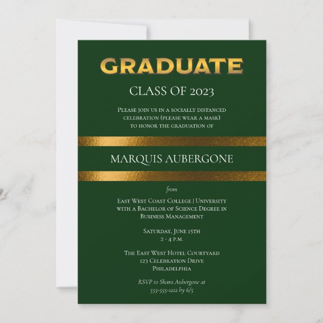 Sleek College | Univ Green | Gold Graduation Party Invitation (Front)