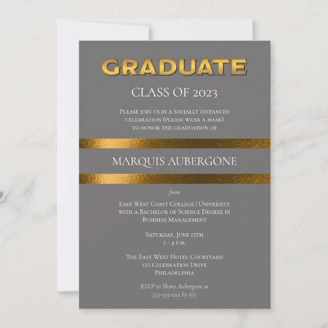 Sleek College | Univ Grey | Gold Graduation Party  Invitation (Front)