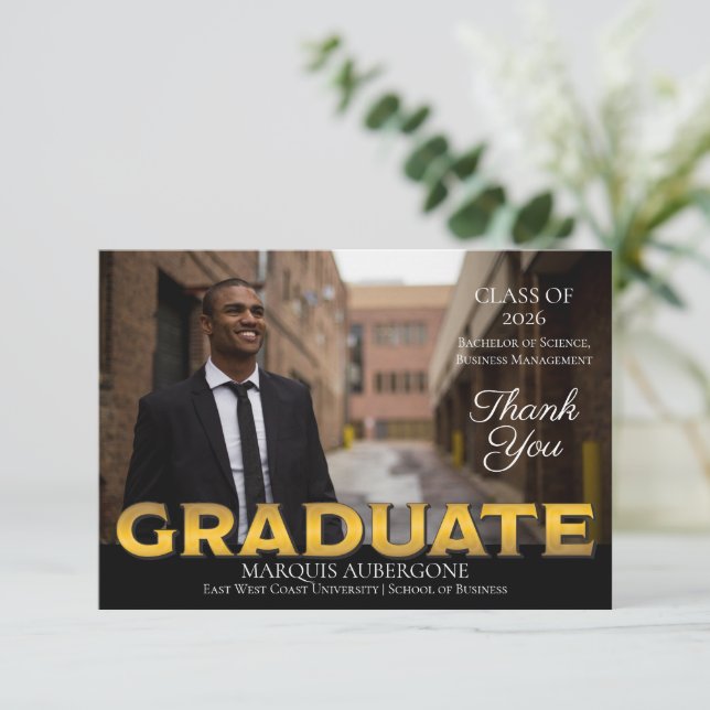 Sleek College | Univ Photo Graduate Black | Gold Thank You Card (Standing Front)