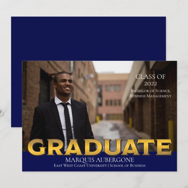Sleek College | Univ Photo Graduate Blue | Gold Invitation (Front/Back)