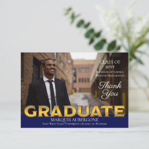 Sleek College   Univ Photo Graduate Blue   Gold Thank You Card