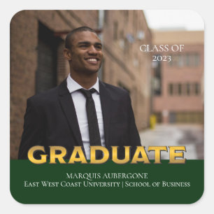 Sleek College   Univ Photo Graduate Green   Gold Square Sticker