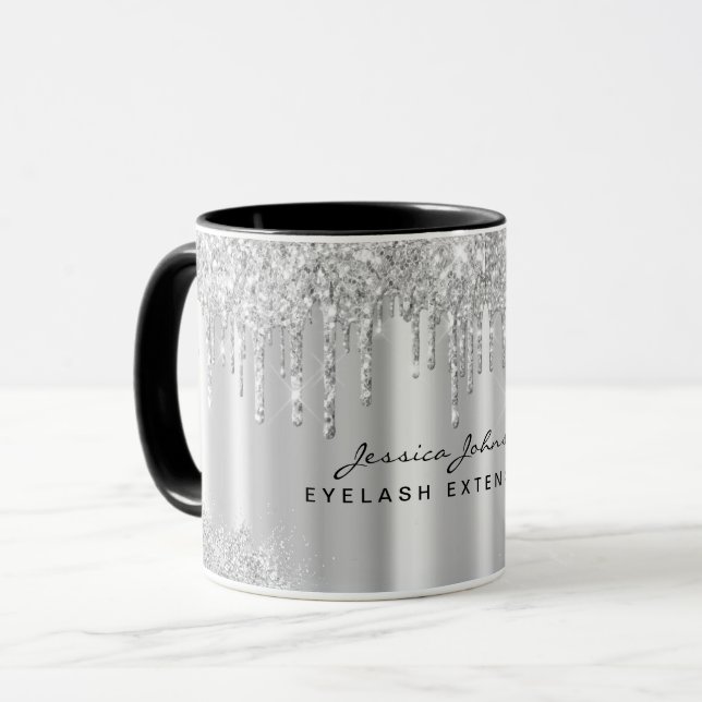 Sleek cool Silver Grey Glitter Drips Custom Mug (Front Left)