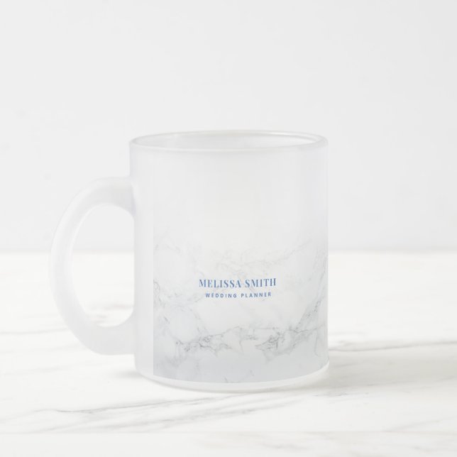 Sleek customisable text on marble transparent frosted glass coffee mug (Left)