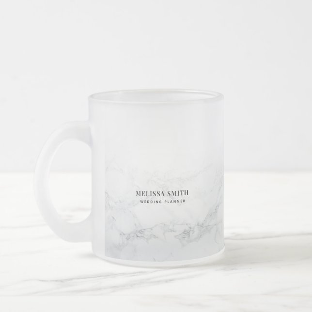 Sleek customizable text on marble transparent frosted glass coffee mug (Left)