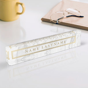 Sleek Faux Gold Grey Marble Custom Desk Nameplate