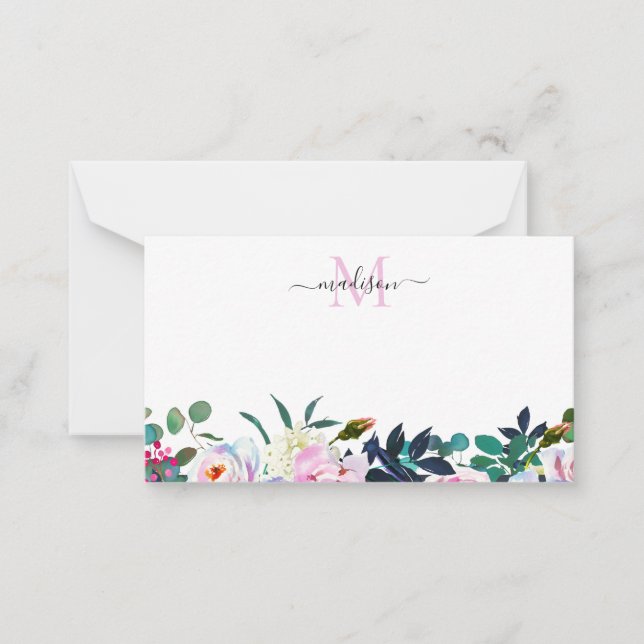 Sleek Floral Blush Pink Peony Botanical Monogram Card (Front)