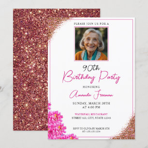 Sleek Floral Glitter 90th Birthday Invitation