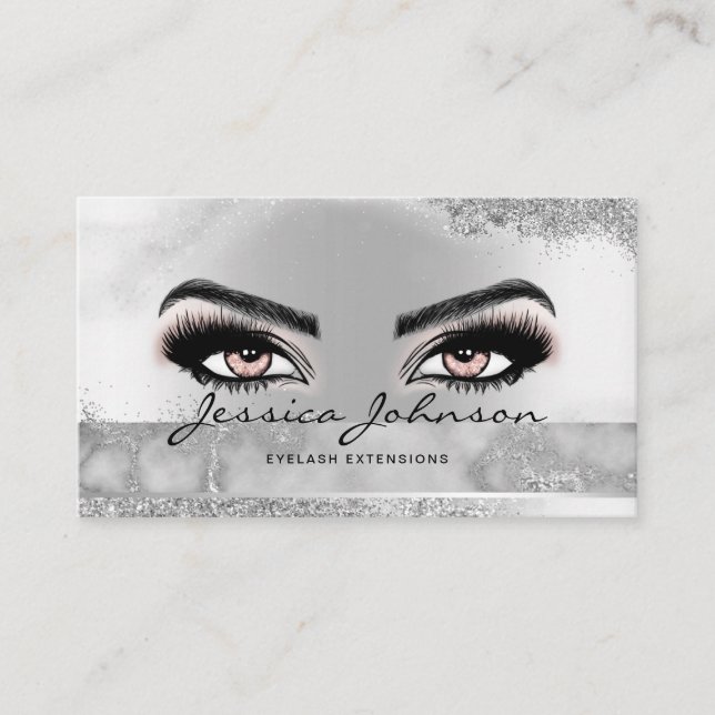 Sleek glam silver metallic Eyelashes extensions Business Card (Front)