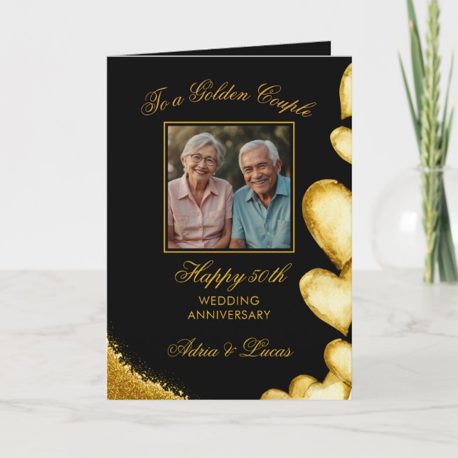 Sleek Gold Heart 50th Wedding Anniversary Card (Front)
