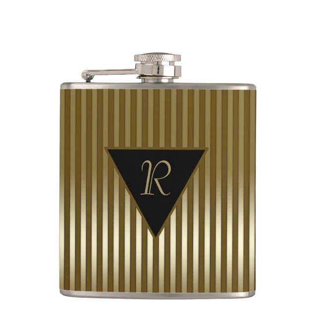 Sleek Gold Stripes Monogrammed Hip Flask (Front)
