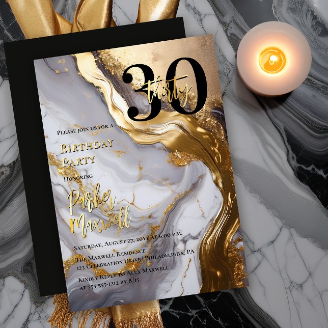 Sleek Gold | White Marble Modern 30 Birthday Party (Sleek Faux Gold and White Marble Modern "30" 30th Birthday Party Invitation - Gold Foil Text Accents)