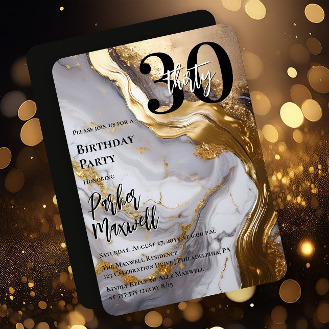 Sleek Gold | White Marble Modern 30 Birthday Party Invitation (Sleek Faux Gold and White Marble Modern "30" 30th Birthday Party Invitation - Print | Digital )