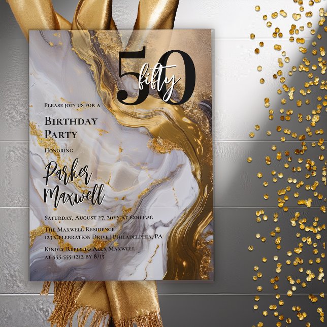 Sleek Gold | White Marble Modern 50 Birthday Party Acrylic Invitations (Sleek Faux Gold and White Marble Modern "50" 50th Birthday Party Invitation - Acrylic)