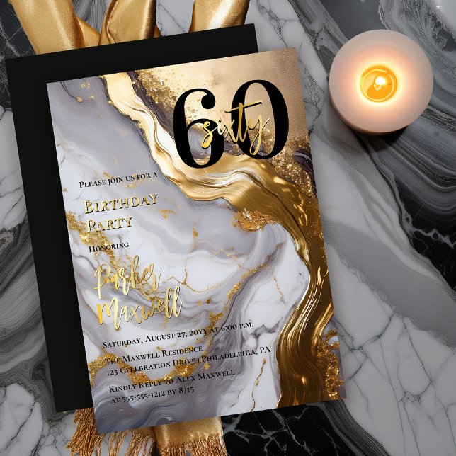 Sleek Gold | White Marble Modern 60 Birthday Party (Sleek Faux Gold and White Marble Modern "60" 60th Birthday Party Invitation - Gold Foil Text Accents)
