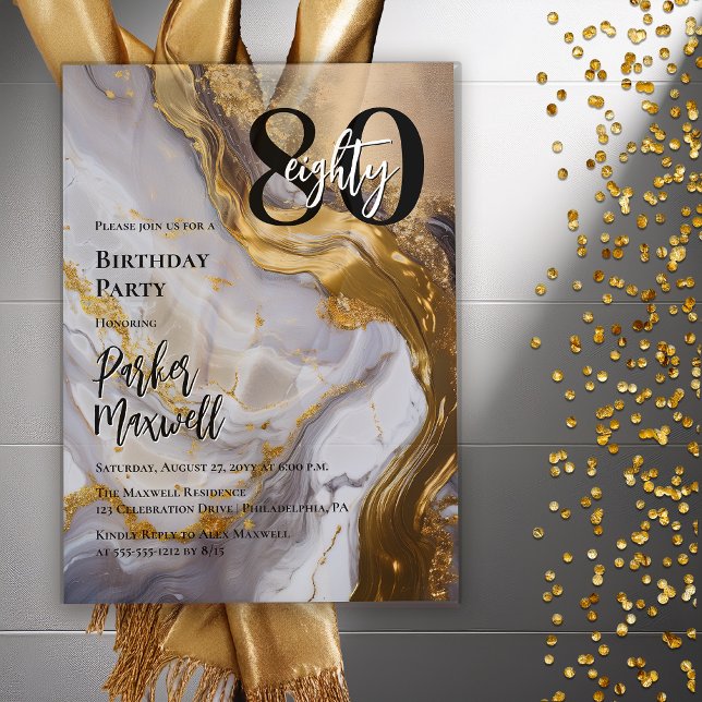 Sleek Gold | White Marble Modern 80 Birthday Party Acrylic Invitations (Sleek Faux Gold and White Marble Modern "80" 80th Birthday Party Invitation - Acrylic)