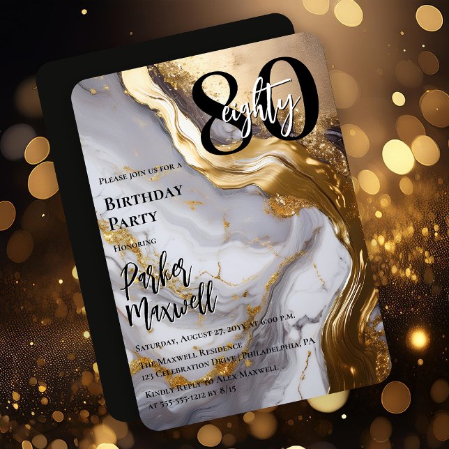 Sleek Gold | White Marble Modern 80 Birthday Party Invitation (Sleek Faux Gold and White Marble Modern "80" 80th Birthday Party Invitation - Print | Digital )