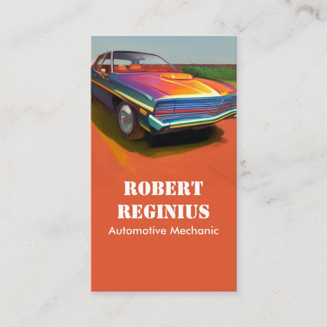 Sleek Green Car against Vibrant Orange Backdrop Business Card (Front)