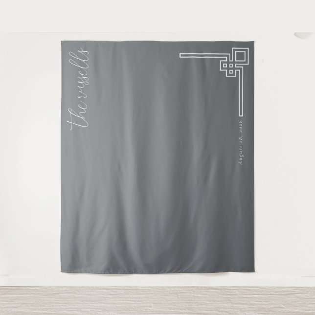 Sleek Grey Geometric Calligraphy Tapestry (Front)