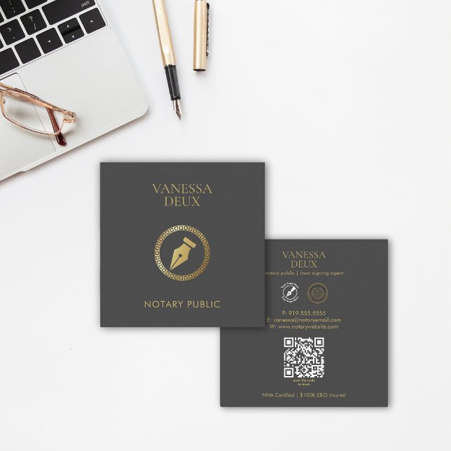 Sleek Grey & Gold Notary Pen QR Logo Elegant Square Business Card (Creator Uploaded)