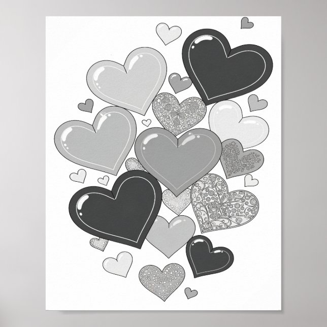 Sleek Grey HEARTS Artistic Motif Poster (Front)
