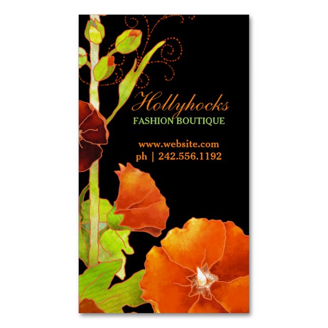 Sleek Hollyhocks Floral Magnetic Business Cards (Front Vertical)