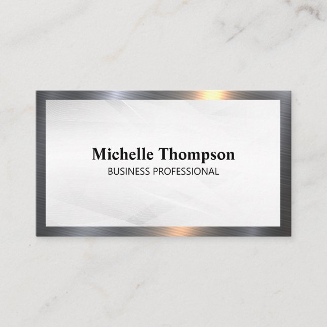 Sleek Metallic Border | White Abstract Background Business Card (Front)