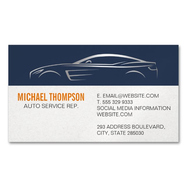 Sleek Metallic Sports Car Illustration Magnetic Business Card (Front)