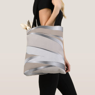 Sleek Metallic Wave Beige and white Tote Bag