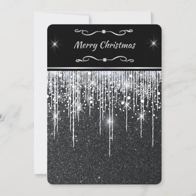 Sleek Minimalist Black Silver Sparkle Christmas Holiday Card (Front)