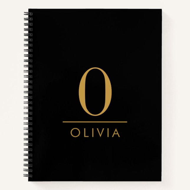 Sleek Minimalist Modern Gold Monogram Black Notebook (Front)