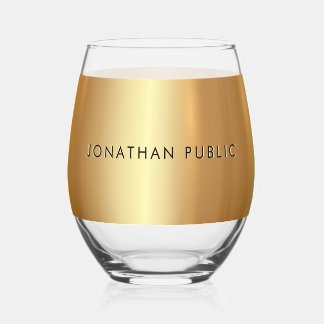 Sleek Modern Custom Gold Template Text Name Stemless Wine Glass (Front)