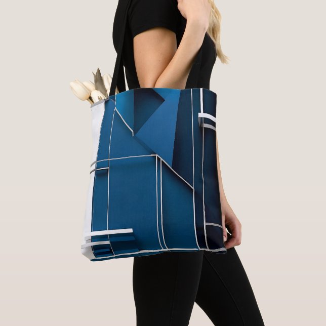 Sleek modern geometric white blue design tote bag (Close Up)