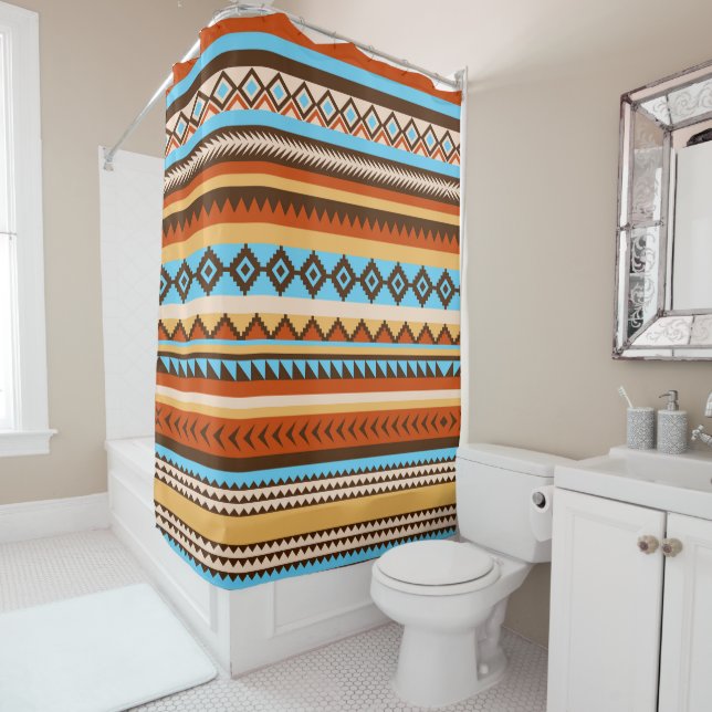 Sleek Native Southwestern Brown Orange and Blue Shower Curtain (In Situ)
