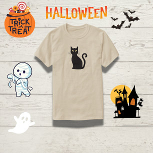 Sleek Orange-Eyed Black Cat Halloween T-Shirt