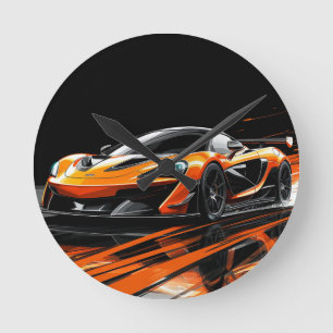 Sleek Orange Sports Car Racing Round Clock