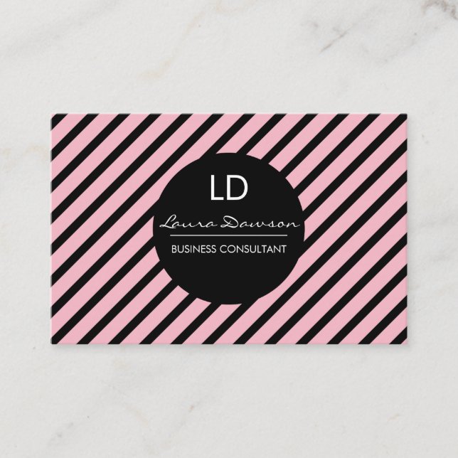 Sleek Pink Monogram Circle and Stripes Business Card (Front)