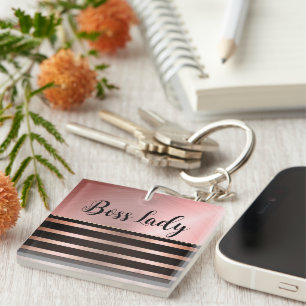 Sleek Pink Striped Boss Lady Key Ring