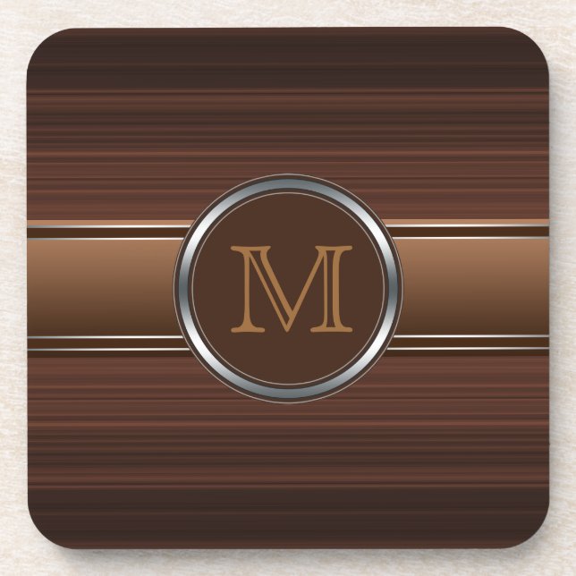 Sleek Professional Brown Stripes Monogram Coaster (Front)