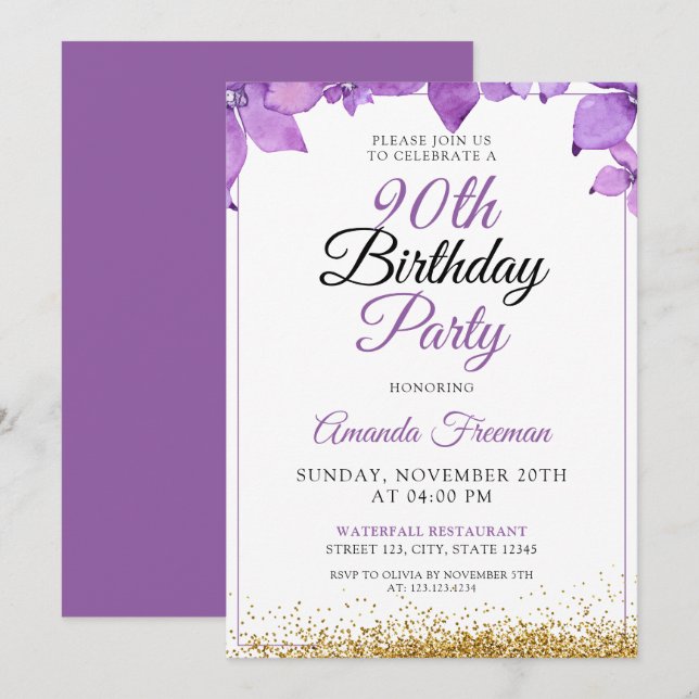 Sleek Purple Flowers 90th Birthday Invitation (Front/Back)