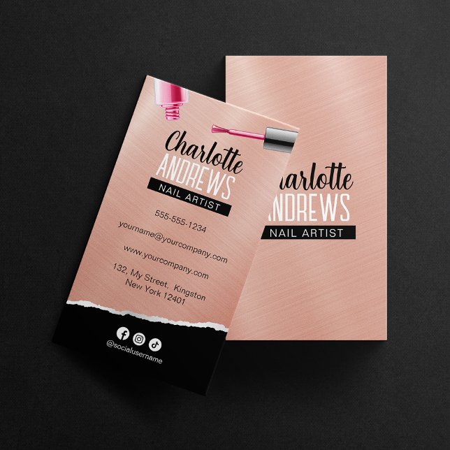 Sleek Rose Gold Metallic Nail Art Nail Technician Business Card (Creator Uploaded)